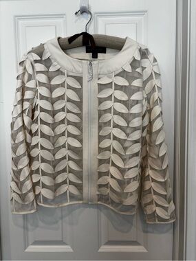 Colleen Lopez Cream Leaf-Appliqué Sheer Zip Jacket